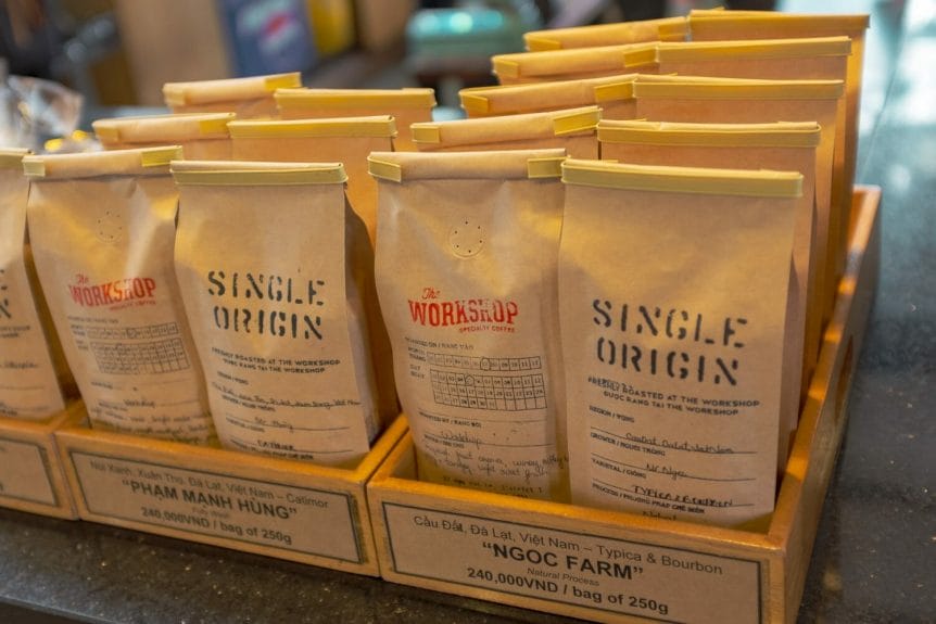 Bags of coffee beans on display at the Workshop in Ho Chi Minh City, Vietnam.