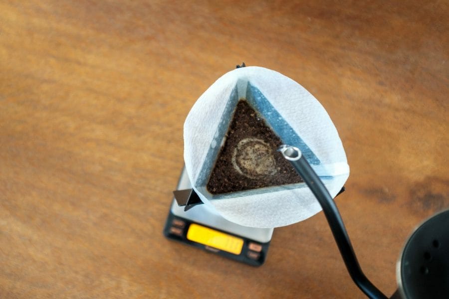 Kettle pouring water over coffee grounds in the Miir Pourigami