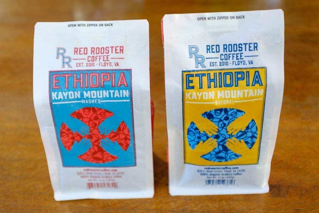 Coffee processing methods: two bags of ethiopian coffee. One natural process coffee and one washed process coffee